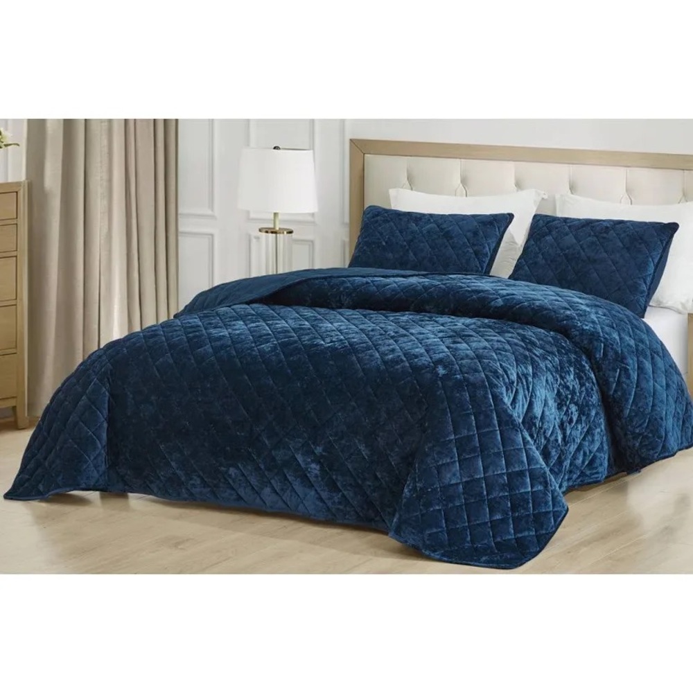 Luxurious Navy Blue oversized king Quilted 3 piece Bedding Set - Picture 2 of 4